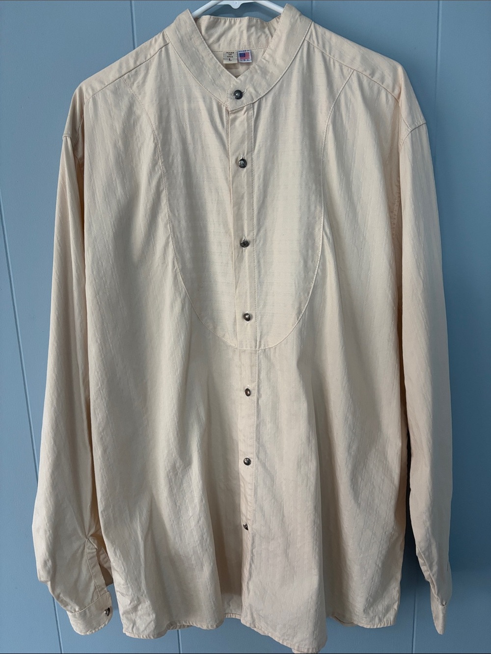 Vintage Wah Maker Western Shirt Men Large Cream Textured Bib Pioneer Made in USA